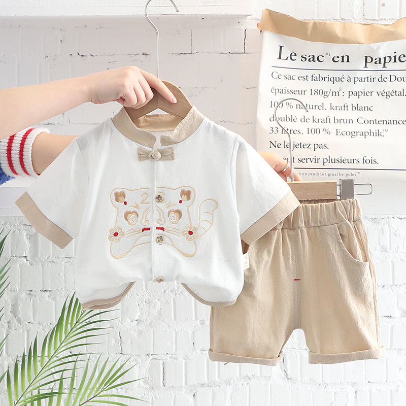 Children's Han Costume Cotton Linen Short Ethnic Clothes National Fashion Tiger Children's Suit