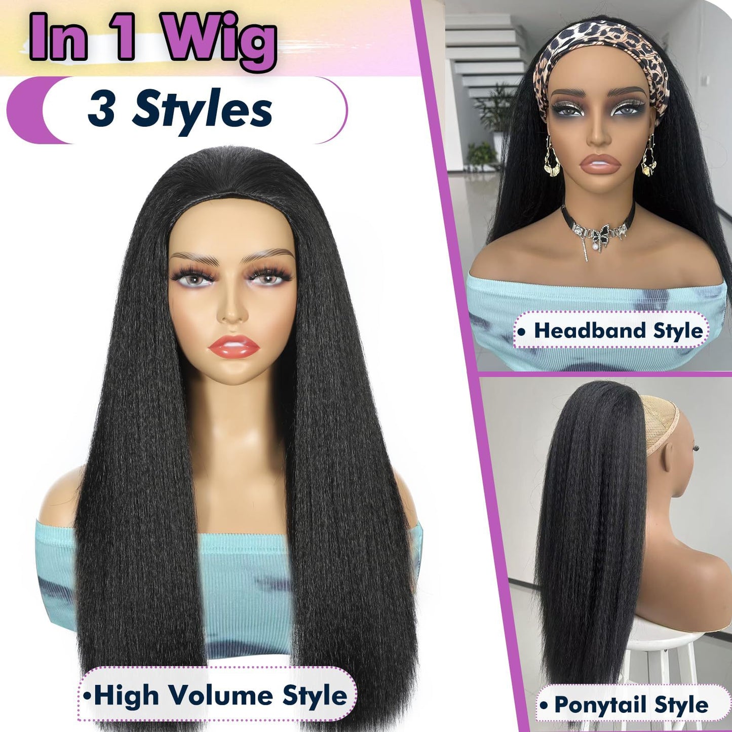 Women's Black Hair Three-in-one Synthetic Wigs Long Straight Wig