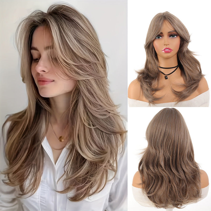 Women's Curly Hair Gray Brown Big Wave Layered Long Straight Wig