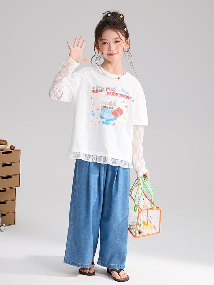 Children's Pudding Clothing Fake Two-piece Summer Lace Stitching Pure Cotton Children's T-shirt
