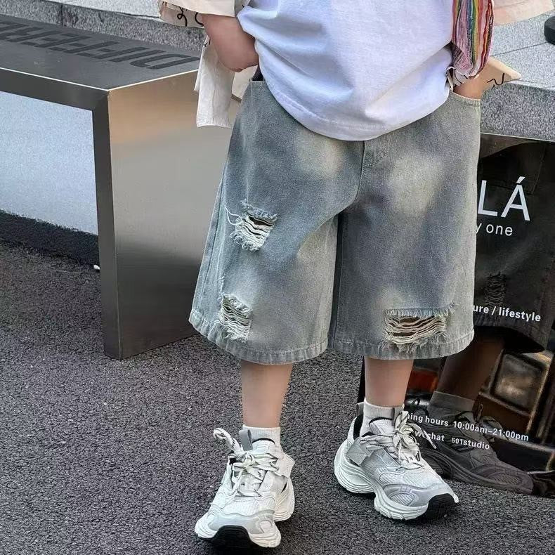 Children's Style Fashion Simple Loose Hole Jeans Children's Pants
