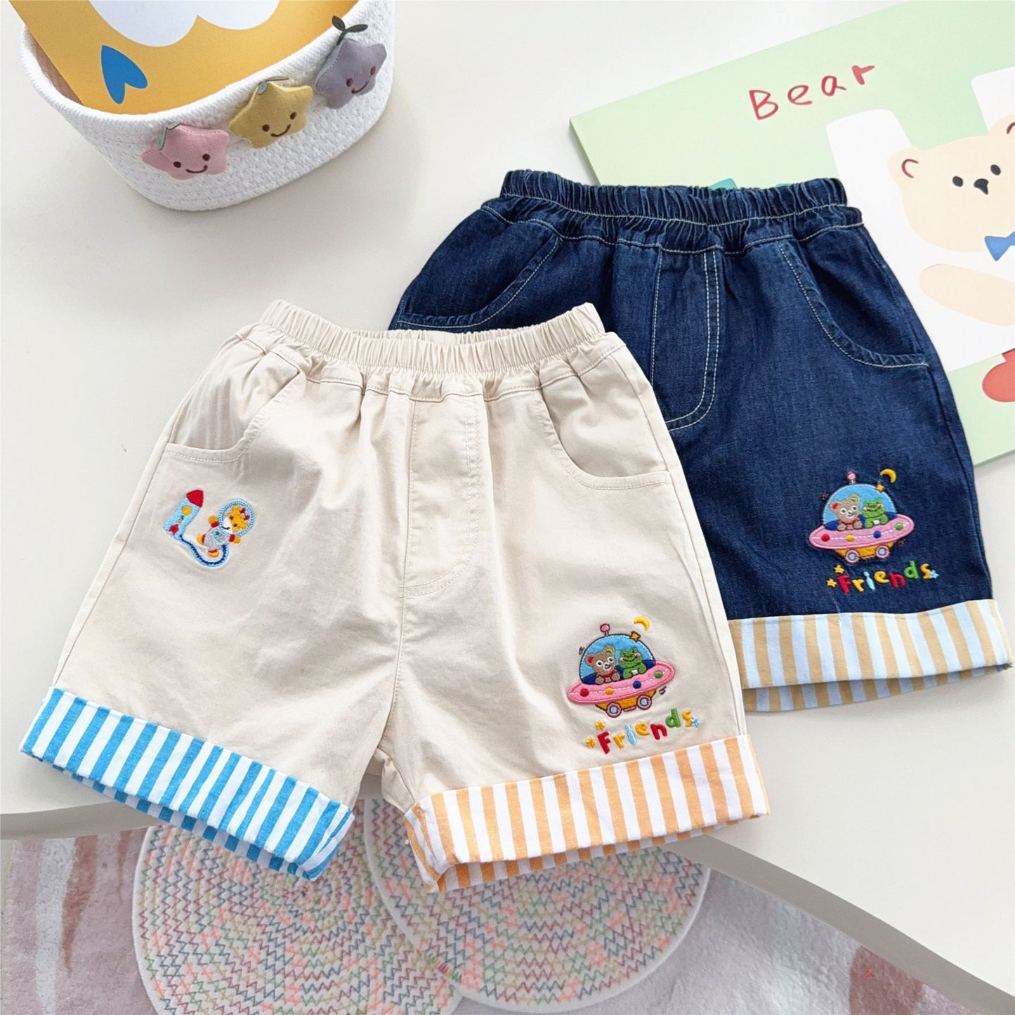Color Matching Curling Summer Cartoon Patch Vertical Stripe Shorts Children's Pants