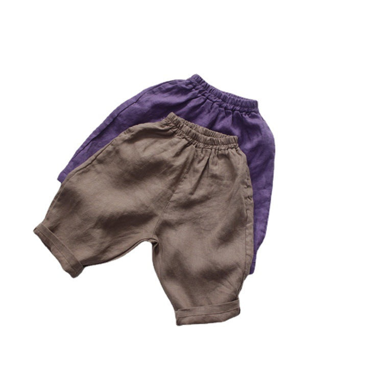 Children's Boy's Cropped Trousers Linen Solid Color Loose Korean Style Versatile Children's Pants