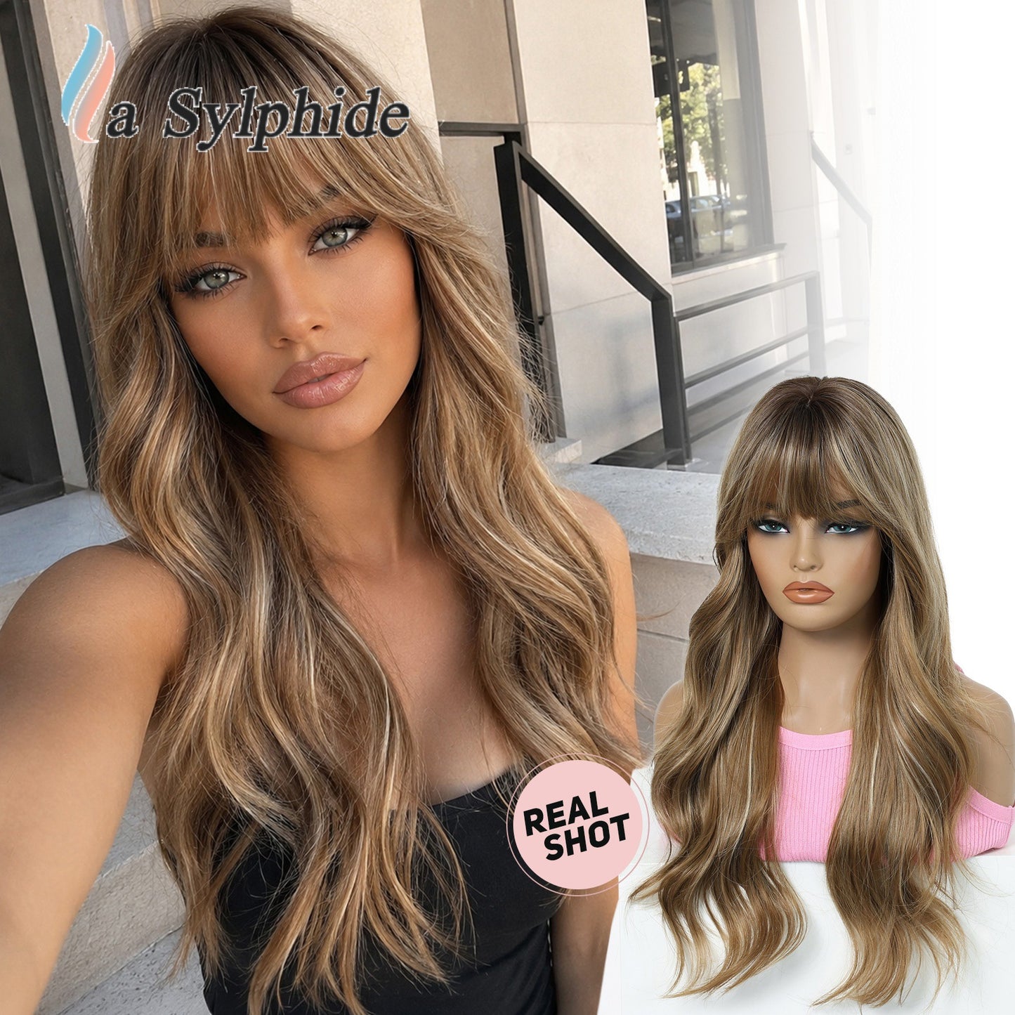Bangs Super Water Ripple Milk Tea Brown Wig Long Curls