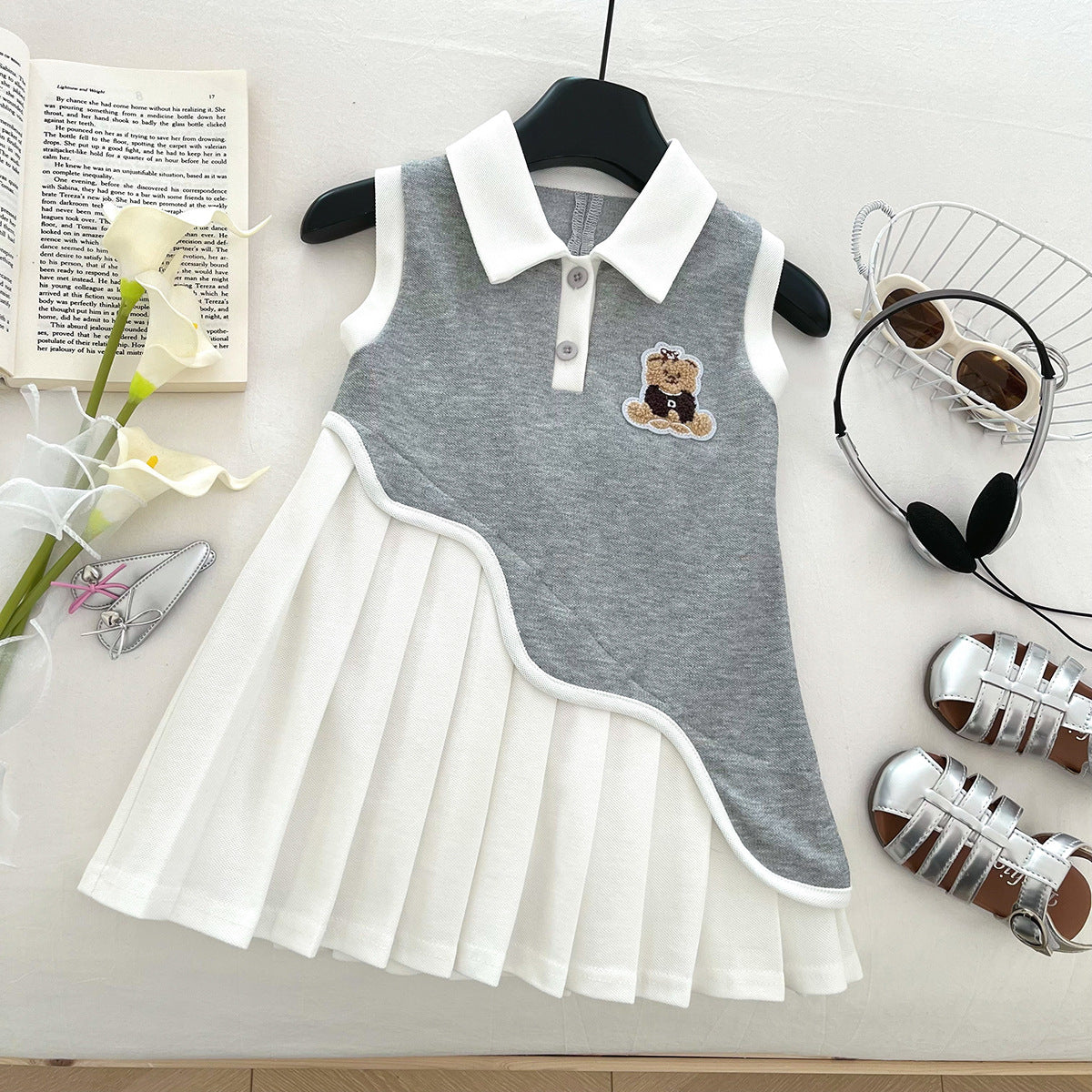 Fashionable Trendy Preppy Style Cartoon Bear Collar Stitching Children's Dress