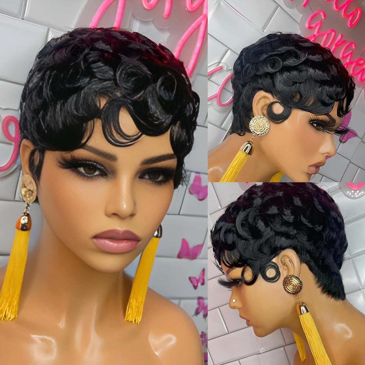Durable Graceful Retro Black Roll Head Wig Short Curly Hair