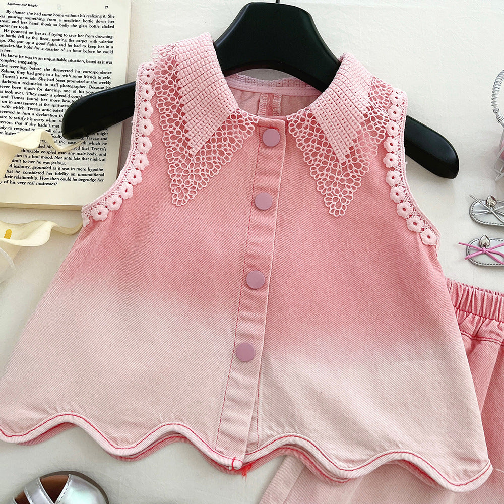 Princess Style Denim Lace Western Sleeveless Shorts Two-piece Children's Suit