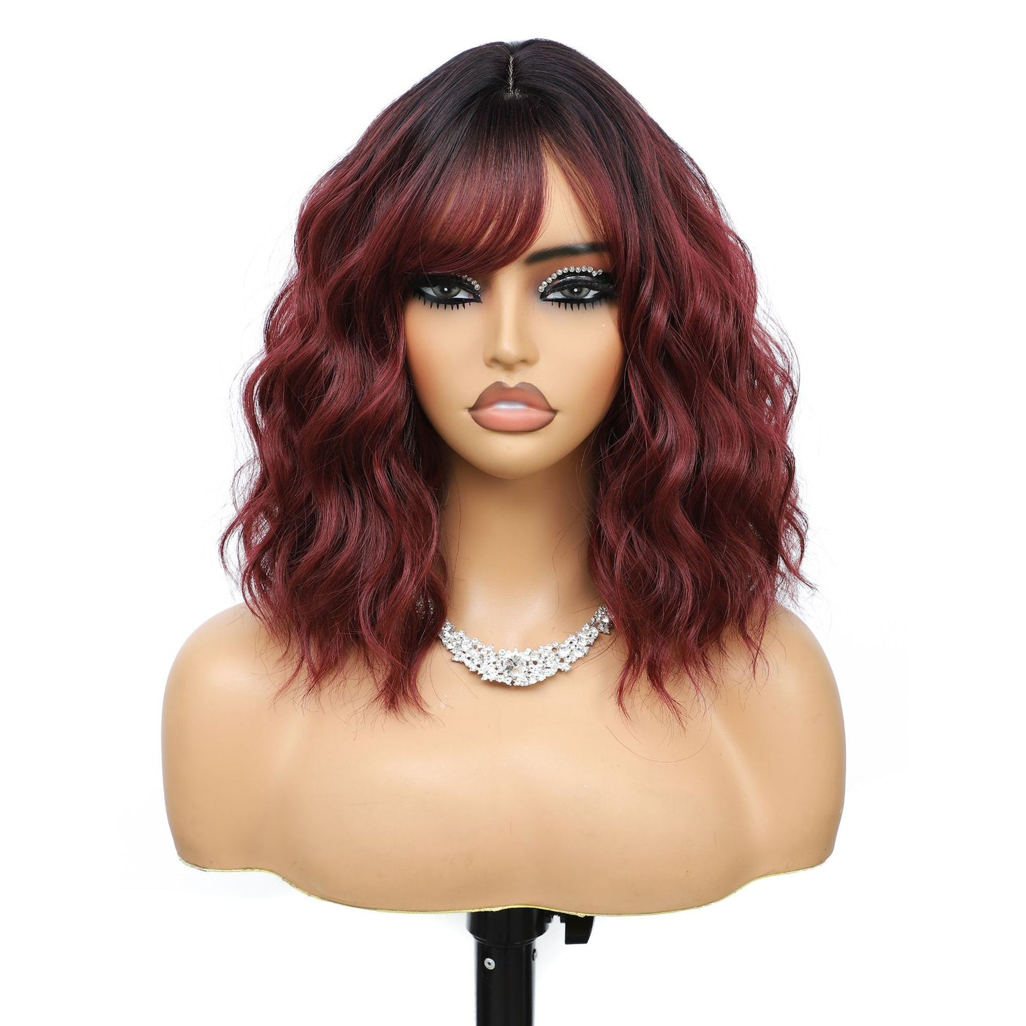 Women's Inch Wine Red Wave Head With Bangs Wig Short Curly Hair