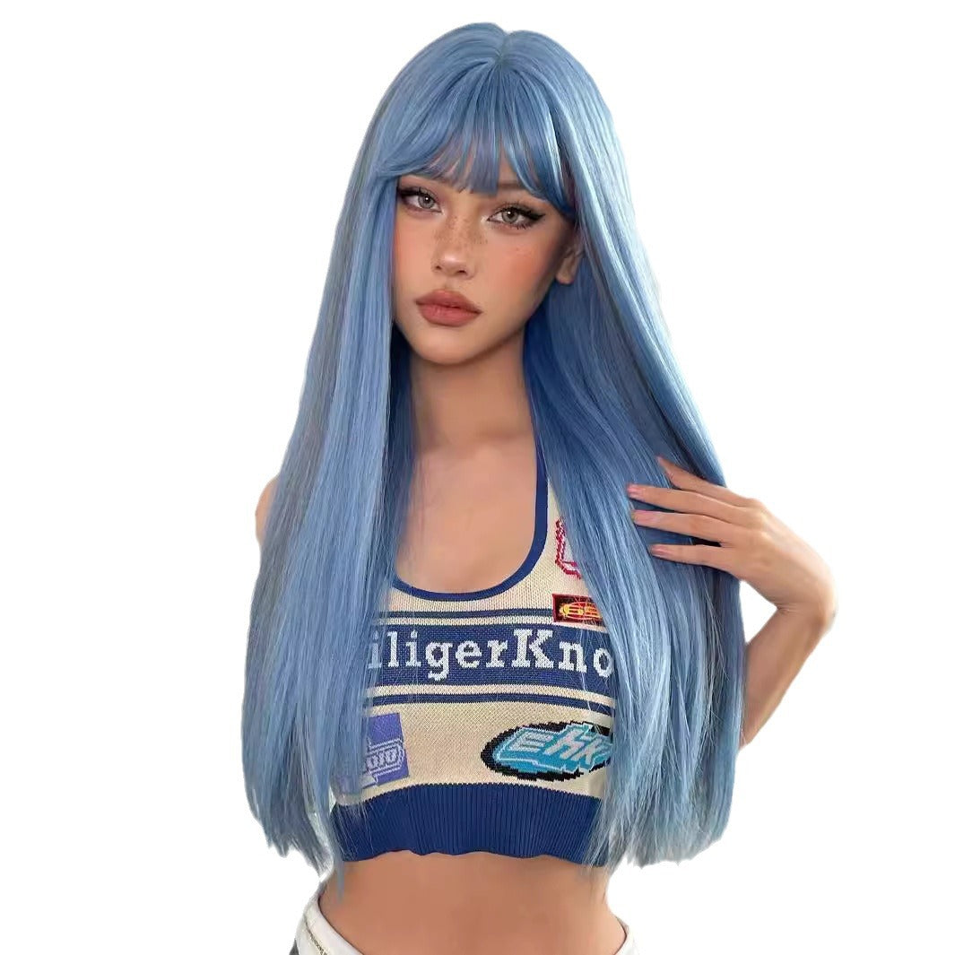Women's Hair Korean Style Bangs Blue Natural Wig Long Curls