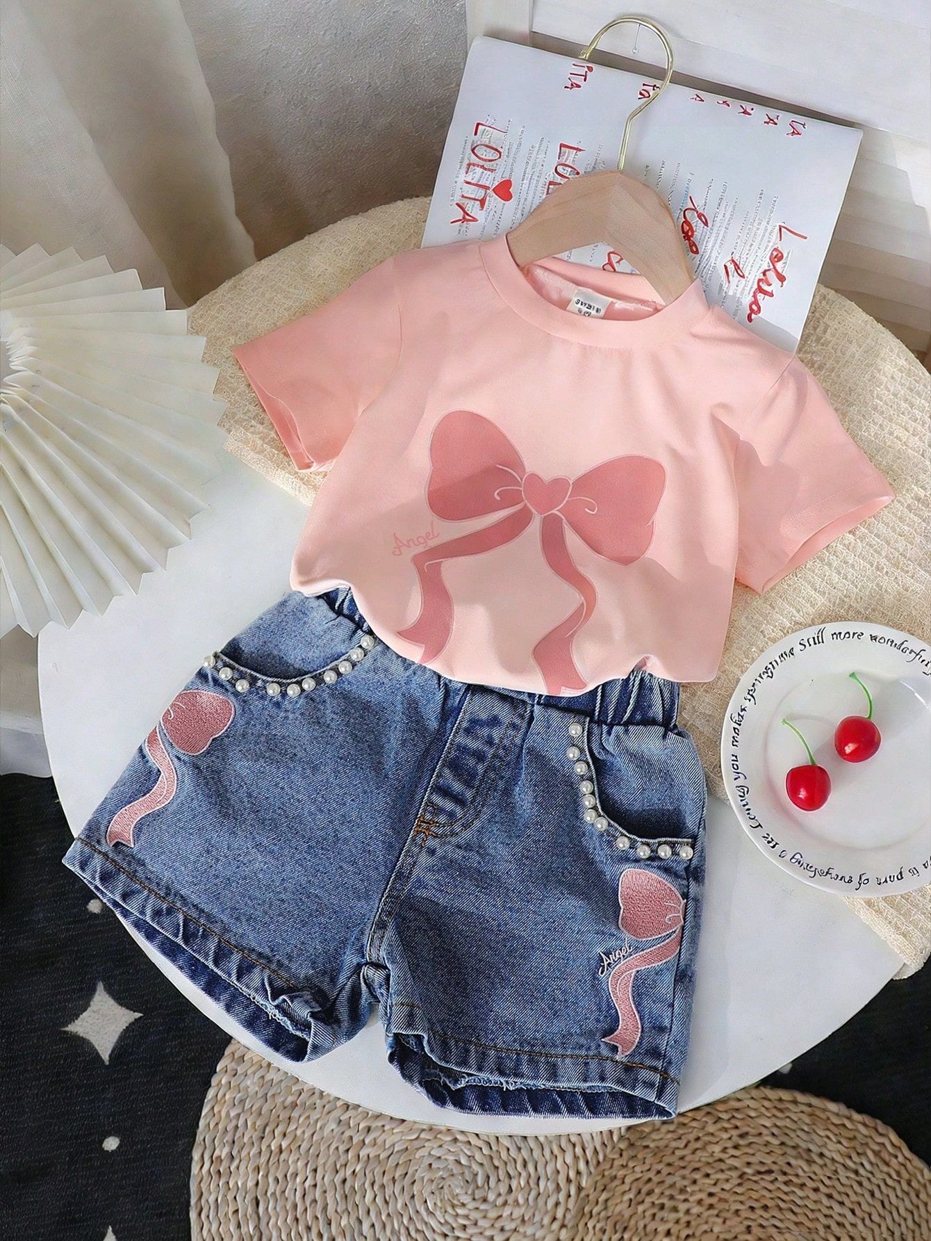 Neck Printed Knitted Top Denim Beaded Embroidered Jeans Children's Suit