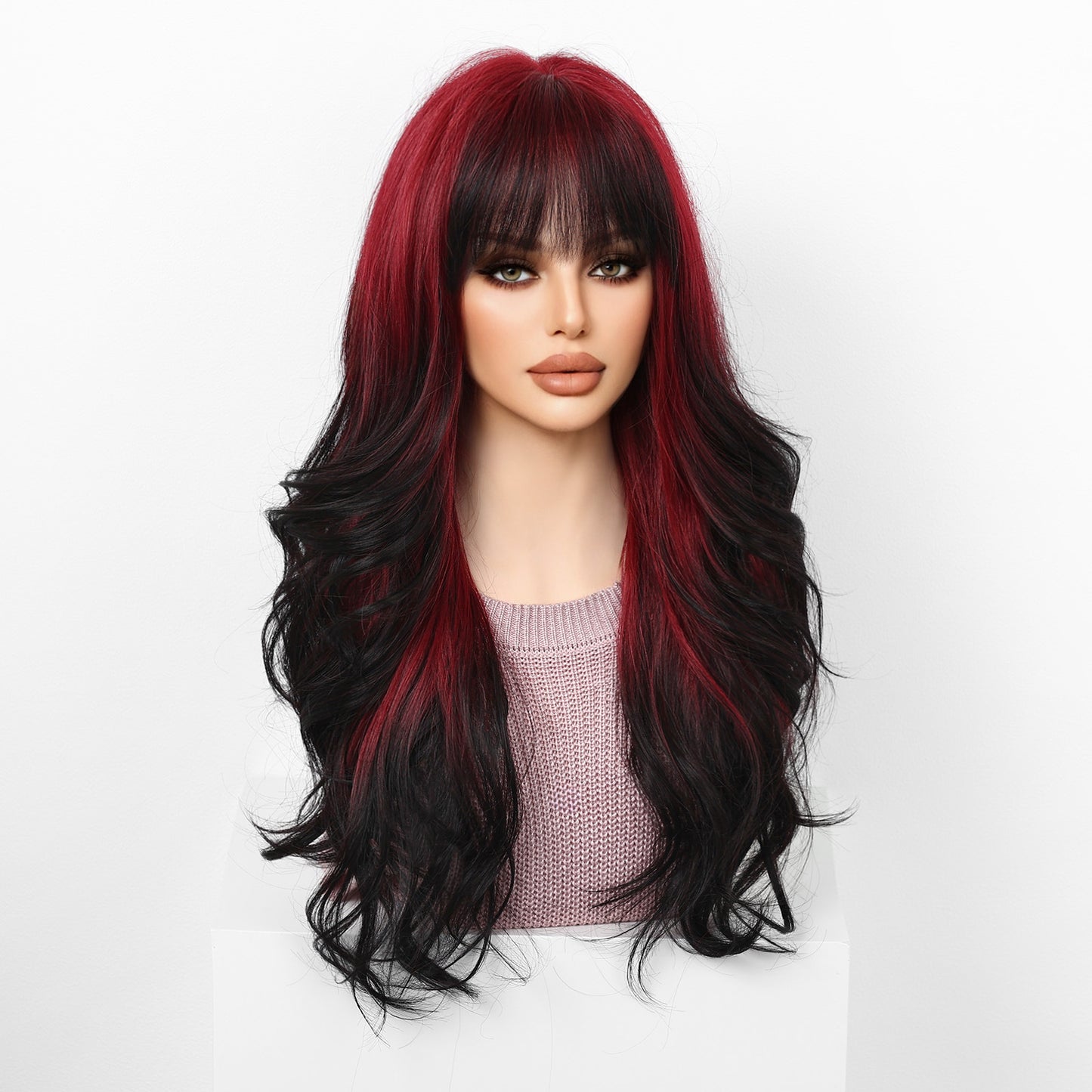 Wine Red Gradient Bangs Fiber Curly Hair Halloween Wig Long Curls