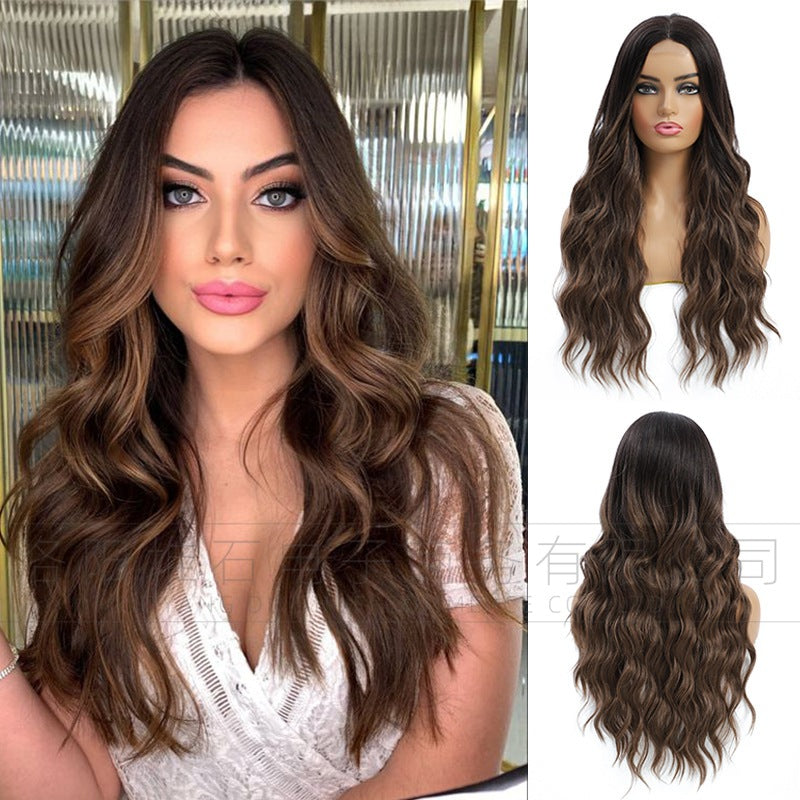 Women's Lace Small Middle Points Highlight Curly Hair Synthetic Wig Long Curls