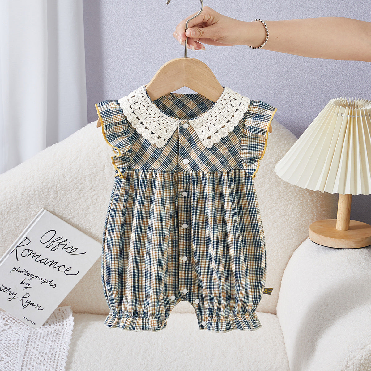 Clothes Jumpsuit Lace Plaid Front Open For Babies Short Sleeve Jumpsuit, Climbing Suit
