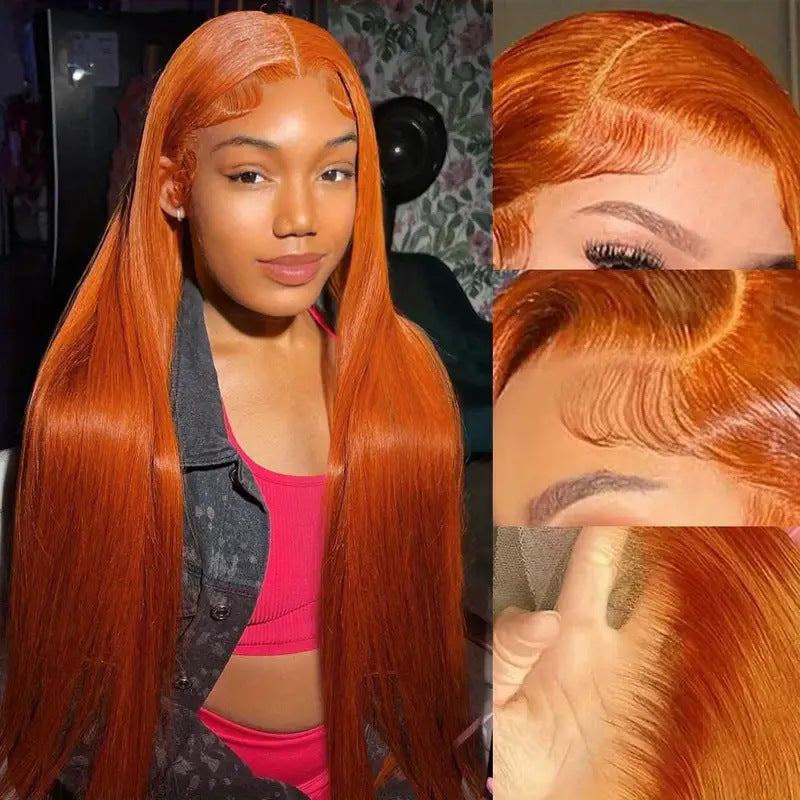 Women's Front Lace Medium Orange Hair Fluffy Natural Fashion Long Straight Wig