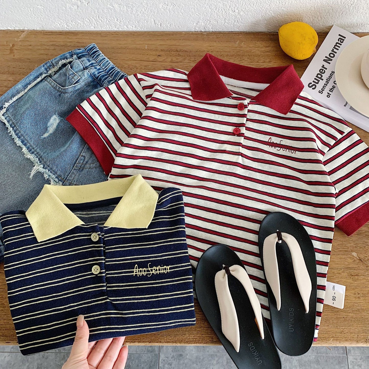 Children's Short-sleeved Summer Boys Contrast Color Striped Shirt Class Children's T-shirt