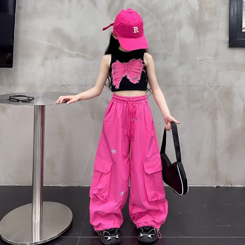 Retro Fun Bow Embroidered Casual Trousers Wide Leg High Children's Pants