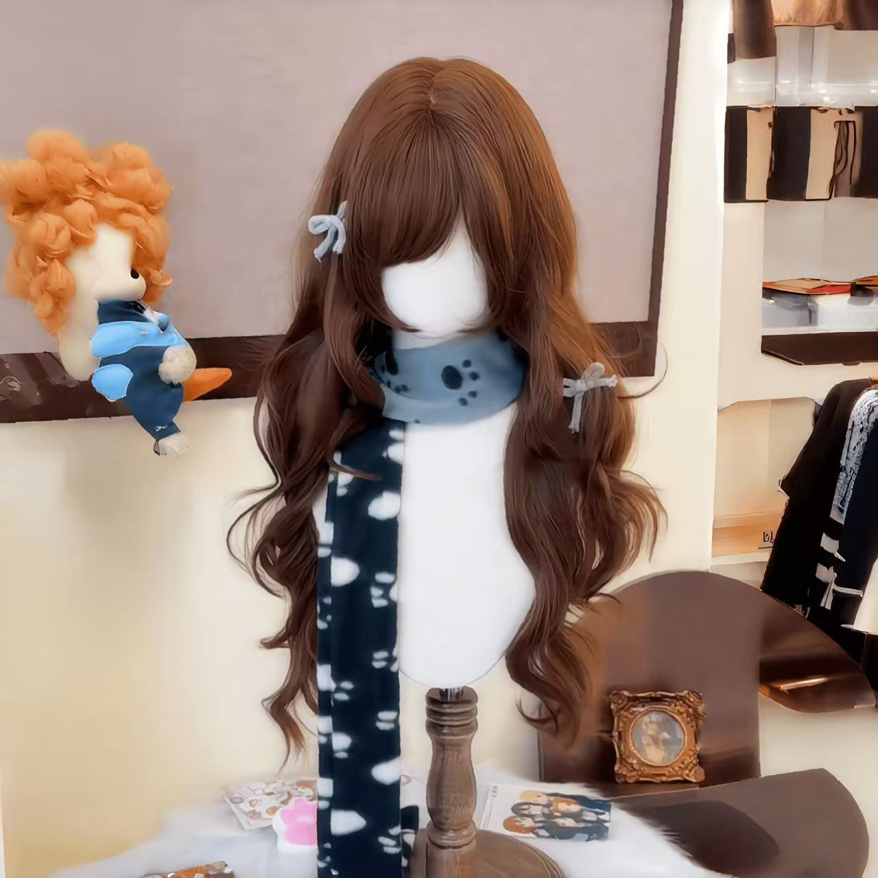 Winter Warm Sun Female Curly Hair Chocolate Brown Side Bangs Wig Long Curls