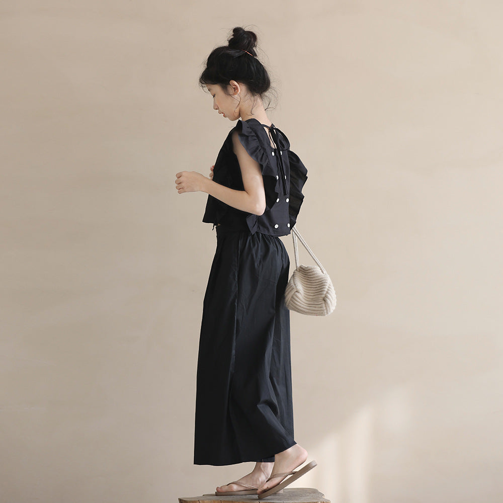 Beige Style Black Culottes Suit Summer Thin Ruffle Children's Pants