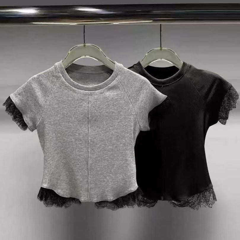 Children's Neck Sweet Lace Patchwork Short-sleeved Korean Style Fashion Children's T-shirt