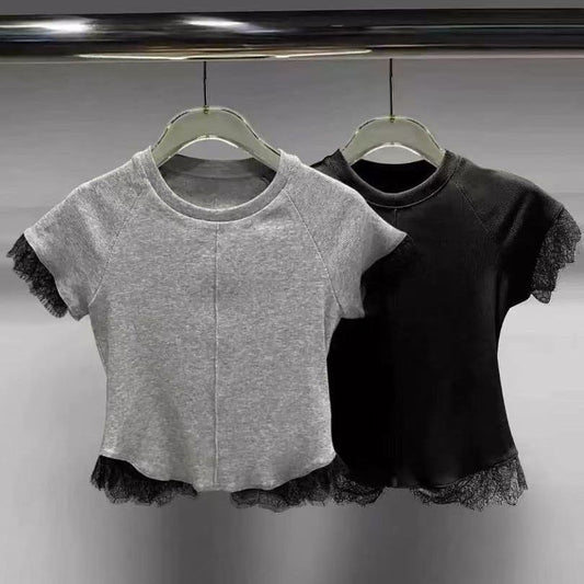 Children's Neck Sweet Lace Patchwork Short-sleeved Korean Style Fashion Children's T-shirt