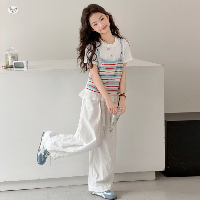 Two-piece Suspender T-shirt Pants Summer Middle Big Lace Striped Short Children's Suit