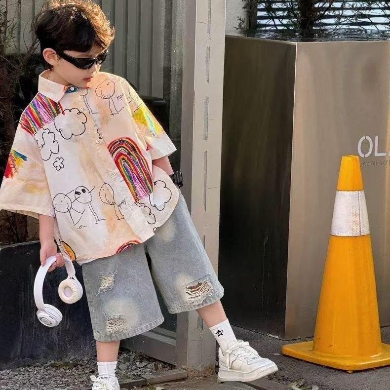 Children's Style Fashion Simple Loose Hole Jeans Children's Pants