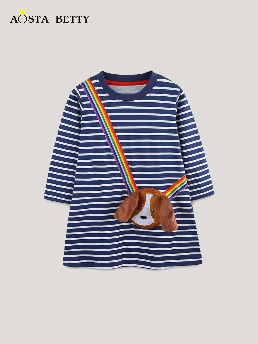 Autumn Fashion Patch Princess Round Neck Striped Children's Dress