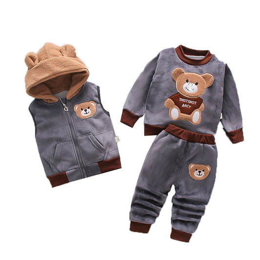 Children's Clothing Korean Style Cartoon Veet Bear Three-piece Boys Children's Suit