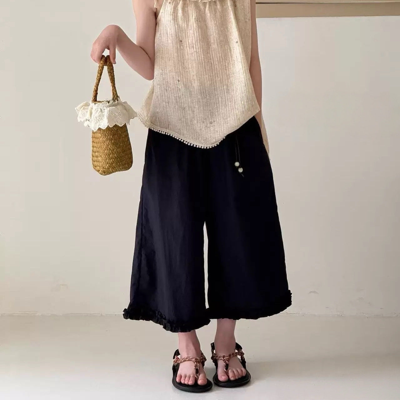 Children's Summer Solid Color Medium Big Korean Lace Children's Pants