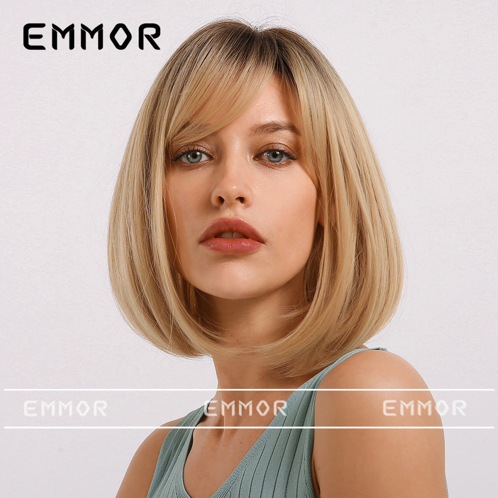 Women's Straight Bangs Head Gradient Golden Synthetic Wig Short Curly Hair