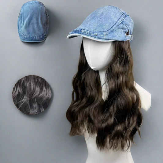 Women's Blue Forward Hat Straight Short Hair One Retro Natural Simulation Wig Long Curls