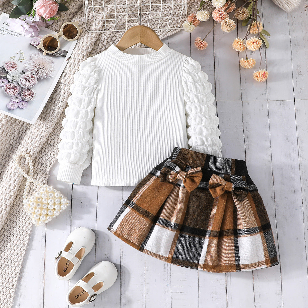 Puff Sleeve Top Plaid Skirt Fashion Children's Suit
