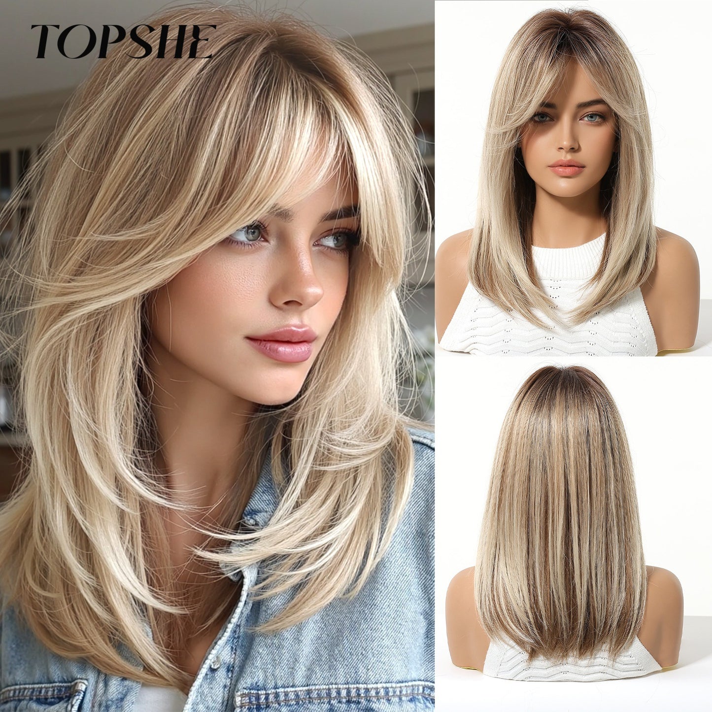 Bangs Head Dyed Gradient Brown Layered Long Straight Wig