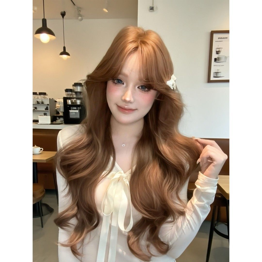 Curly Hair Caramel Warm Brown Gentle Elegant Big Wave Natural Wig Long Curls