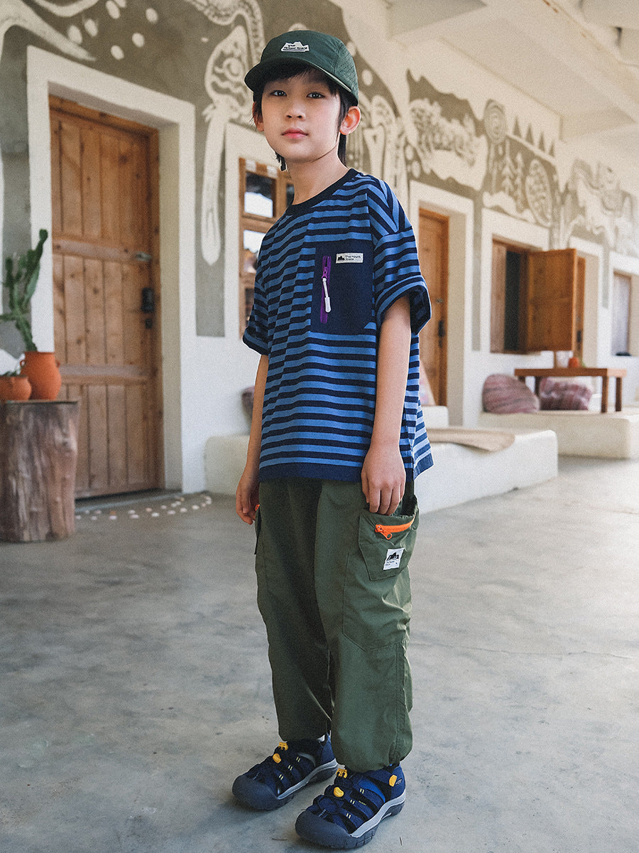 Children's Striped Short-sleeved Mountain Outdoor Clothing Contrast Color Children's T-shirt