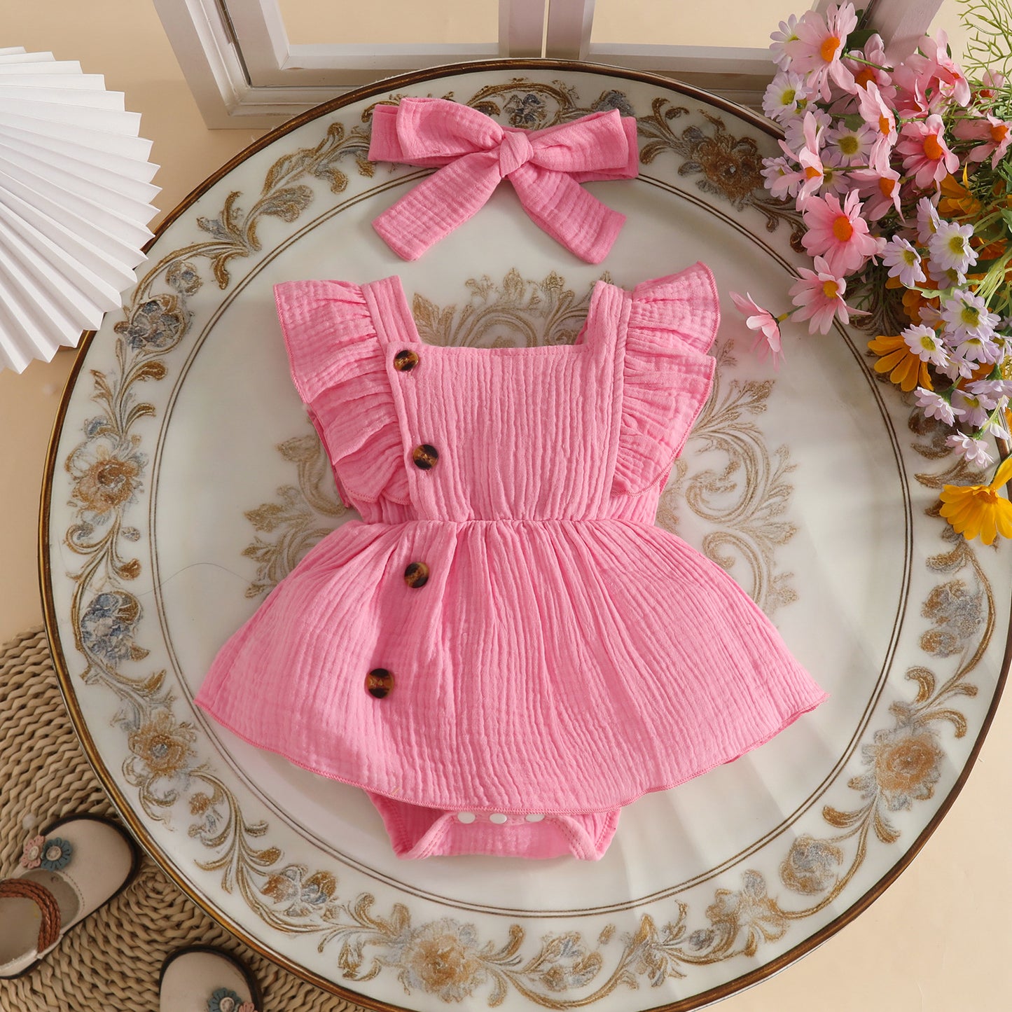 Sleeve Square Collar Crepe Chine Fabric Hair Band Sweet Triangle Children's Dress