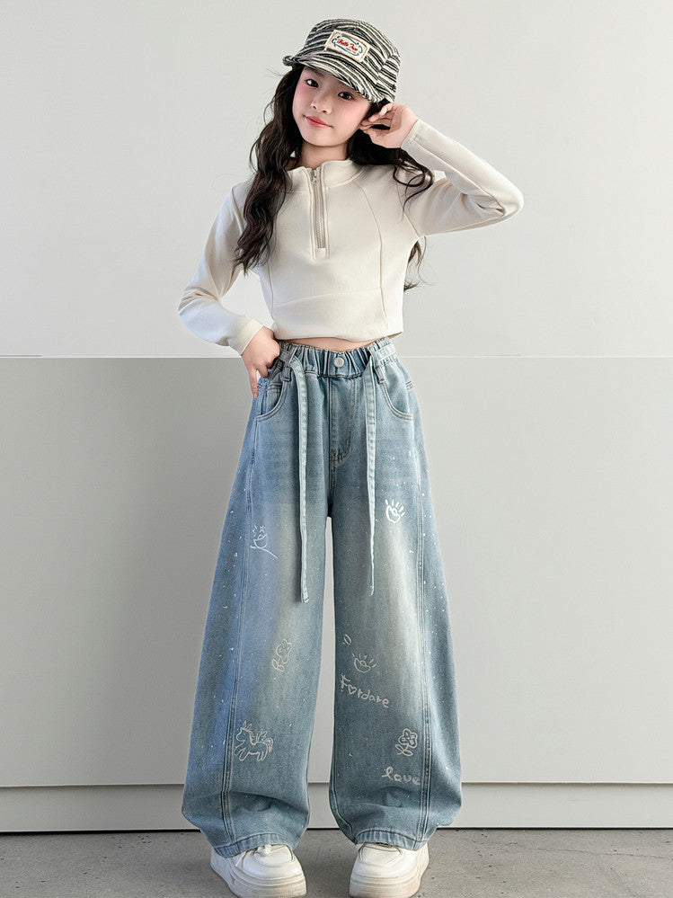Matchet Printed Korean Jeans Loose-fitting Trousers Children's Pants