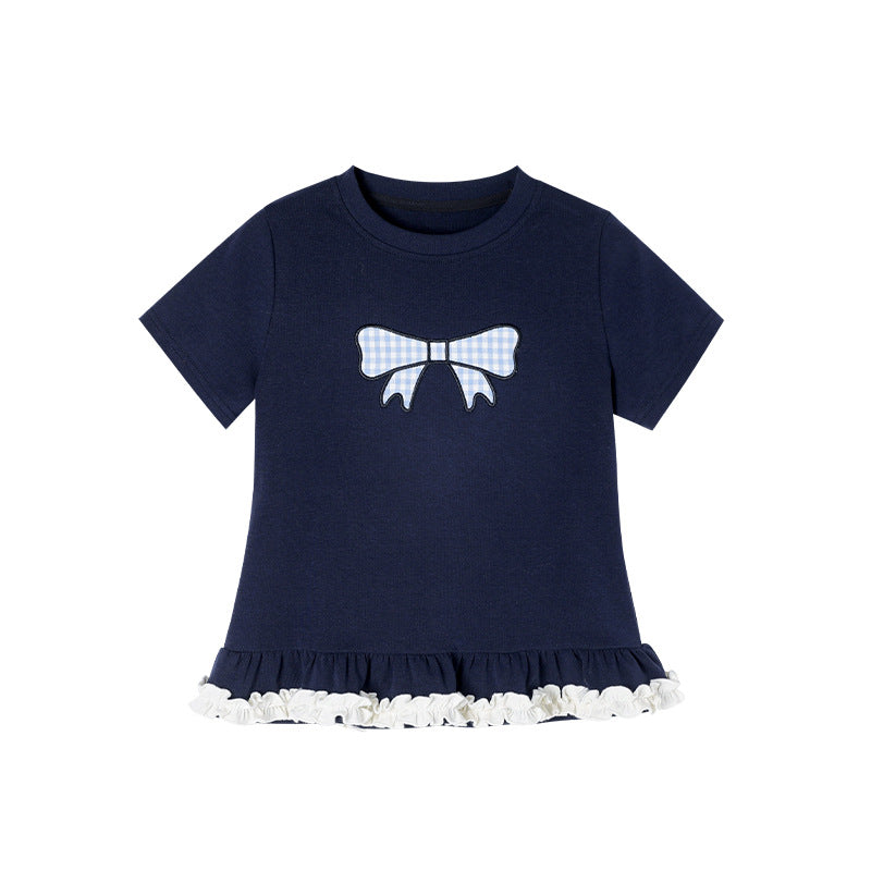 Contrast Color Bow Lace Hem Summer Breathable Short Sleeve Children's T-shirt