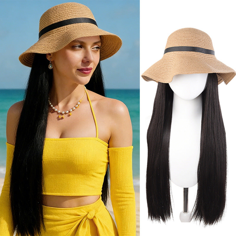 Beach Hat Hair One-piece Summer Sun Protection Long Straight Wig