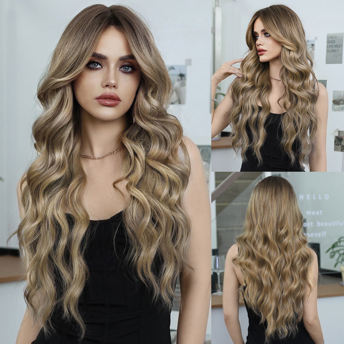 Women's Bronze Golden Fashion Curly Hair Bangs Big Wig Long Curls