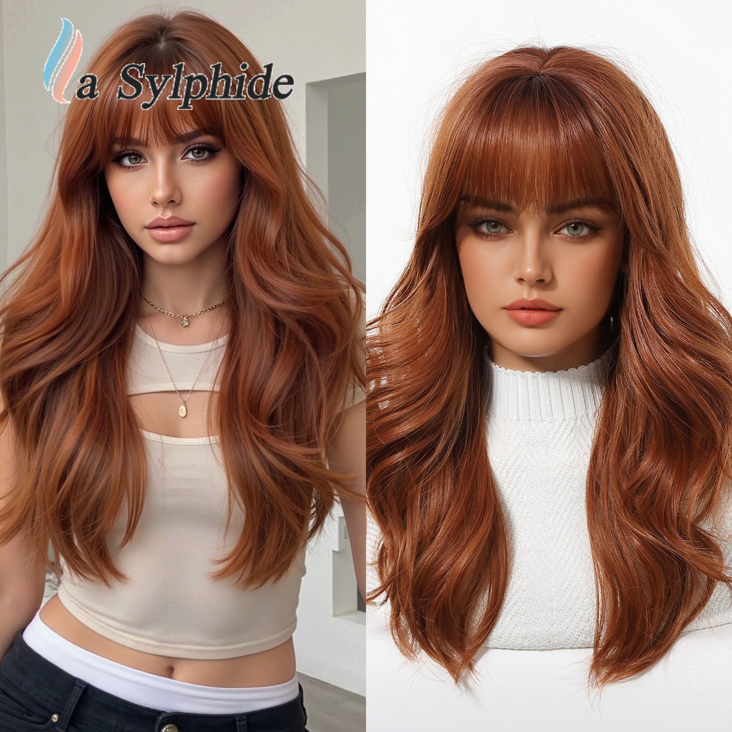 Straight Bangs Orange Rose Net Flip Natural Soft Fashion Large Wig Long Curls
