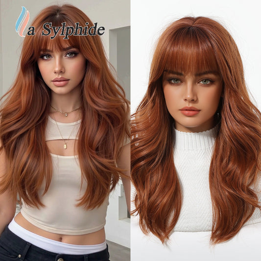 Straight Bangs Orange Rose Net Flip Natural Soft Fashion Large Wig Long Curls