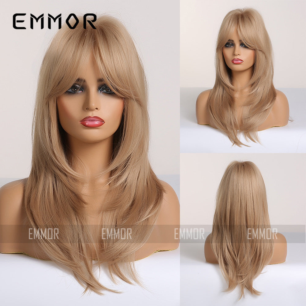 Gradient Gold Black Brown Mid-length Straight Hair Wig Long Curls