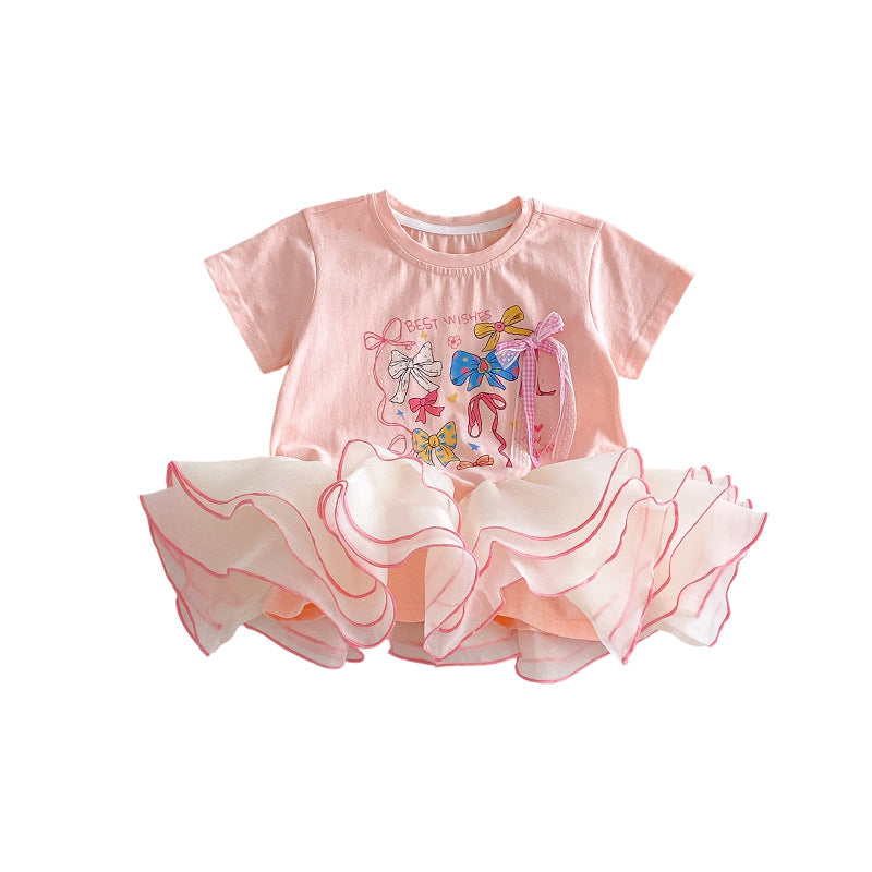 Bow T-shirt Skirt Summer Korean Style Printed Children's Dress