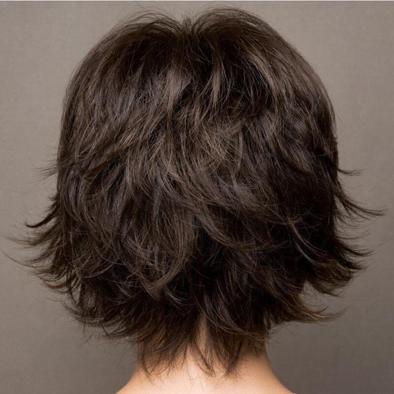 Fluffy Bangs Dark Brown Lady One Wig Short Straight Hair