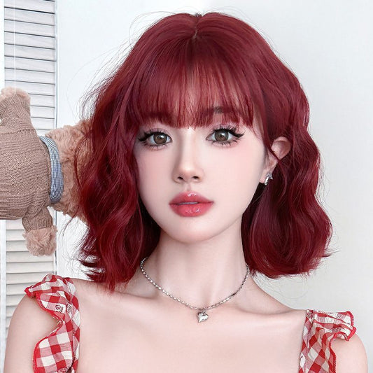 Female Straight Bangs Small Curls Raspberry Wig Short Curly Hair