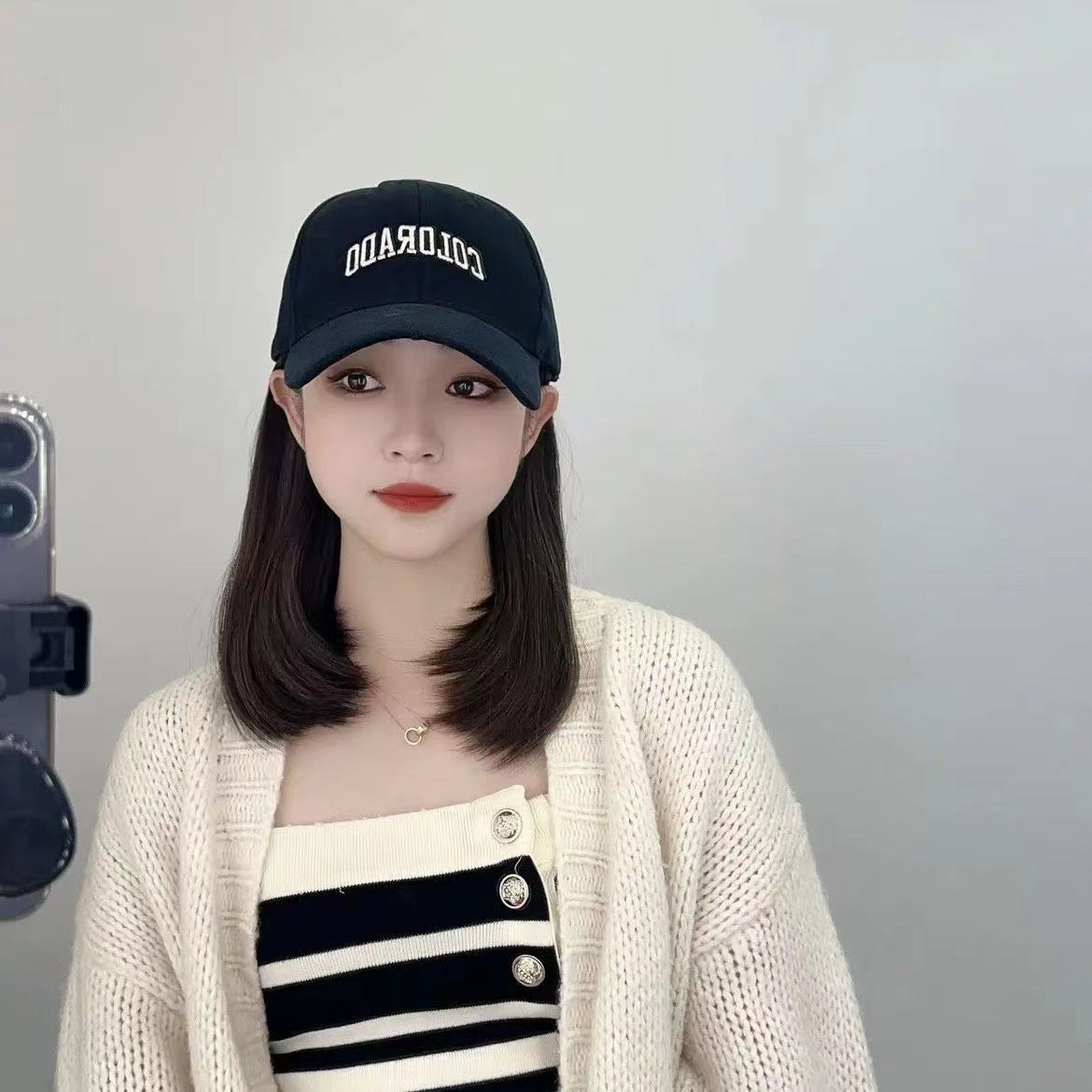 Trendy Korean Style Peaked Baseball Cap Mid-length Wig Short Straight Hair