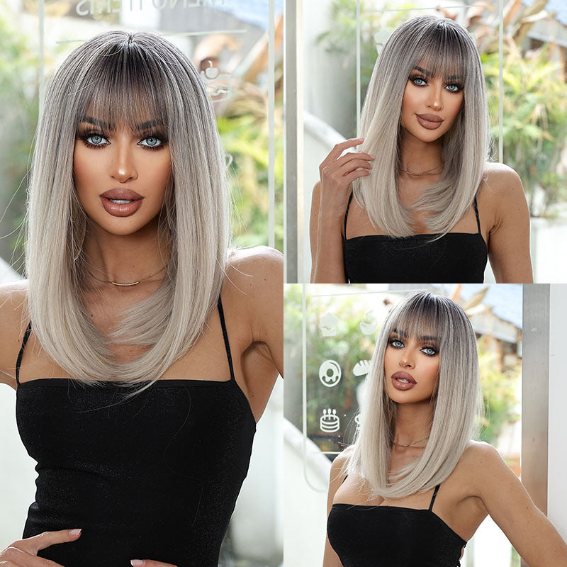 Gradient Gray White Mid-length Hair Younger Long Straight Wig