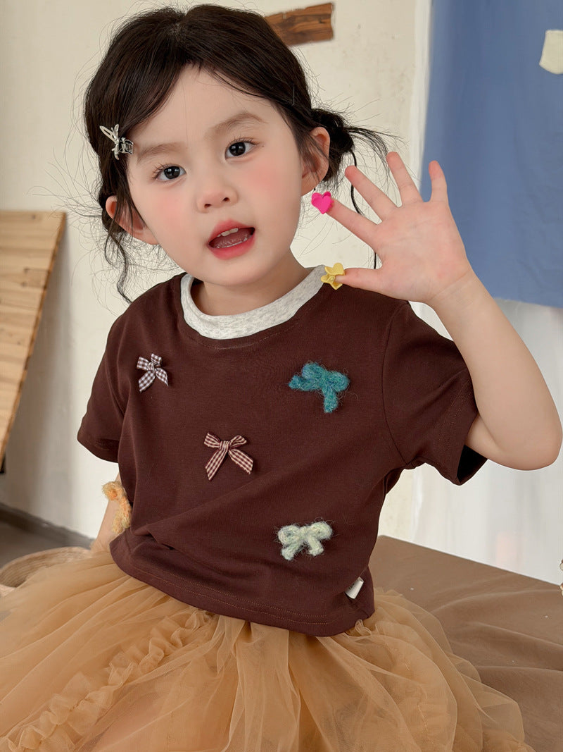 Children's Clothing Korean Style Color Bow Sweet Short Sleeve Children's T-shirt