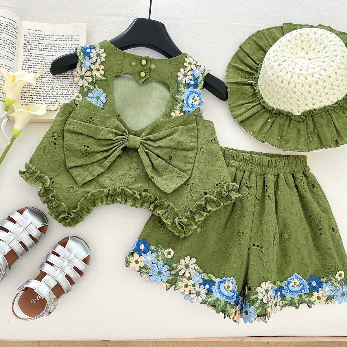 Top Bow Sleeveless Vest Lace Shorts Children's Suit